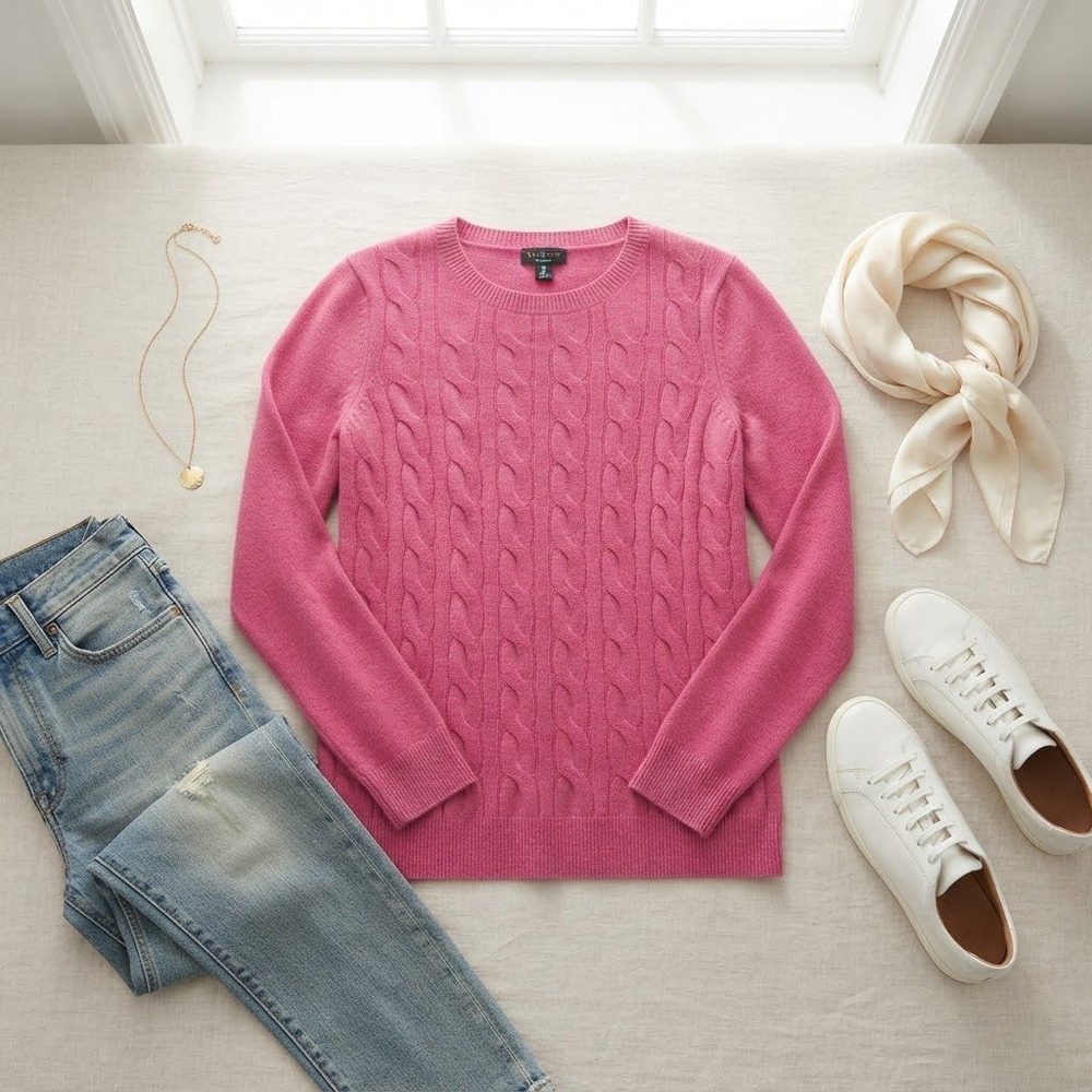Talbots Sweater Women MP Pink Pure Cashmere Cable Knit Petite Luxury Preppy